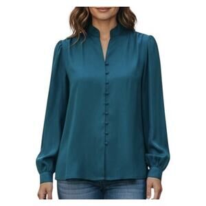 Vintage Diane Von Furstenberg DVF Teal Button Blouse Mandarin Collar Size 12